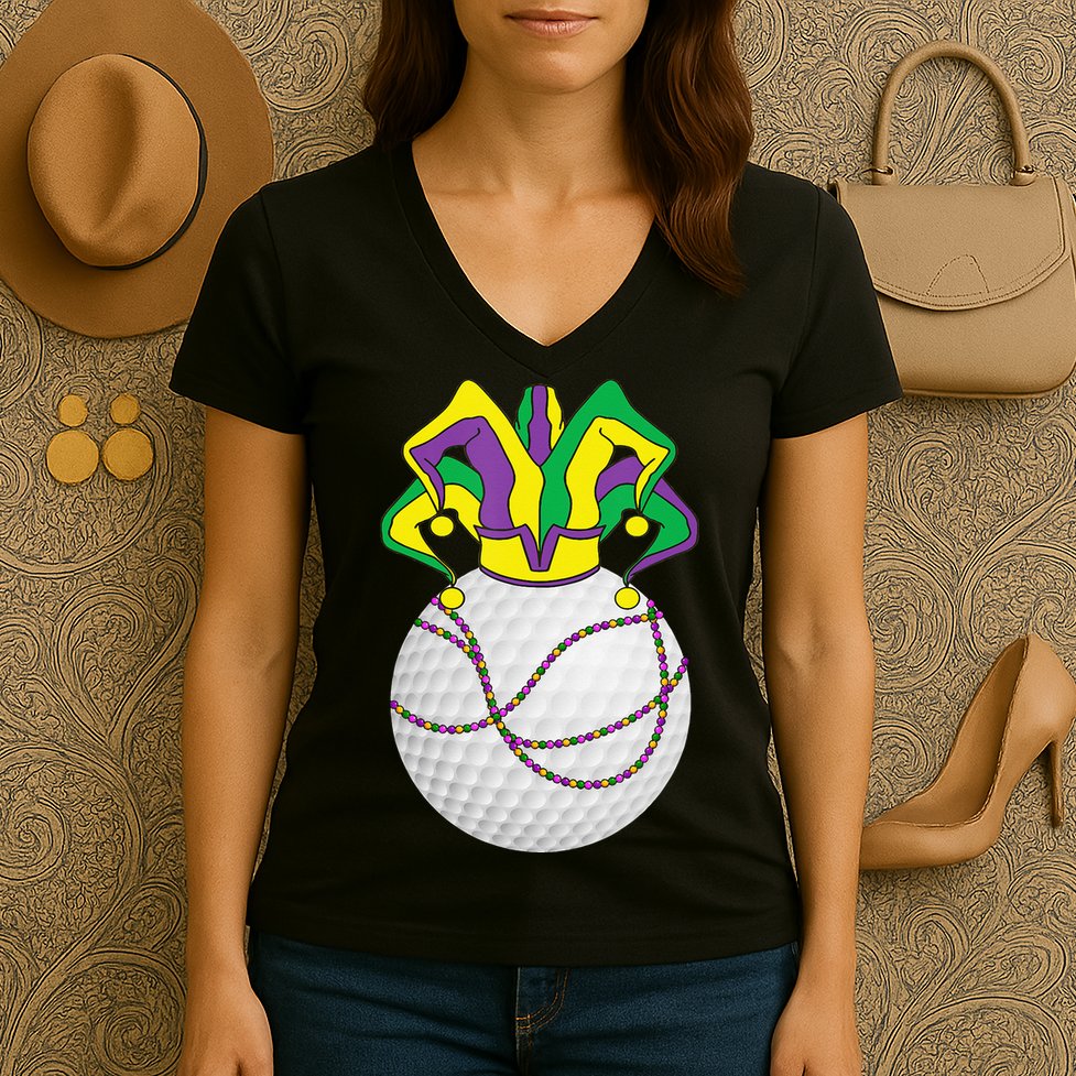 Mardi Gras Golf Jester Hat Funny Festival Party Women's V-Neck T-Shirt