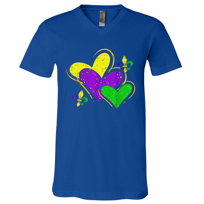 Mardi Gras Hearts V-Neck T-Shirt