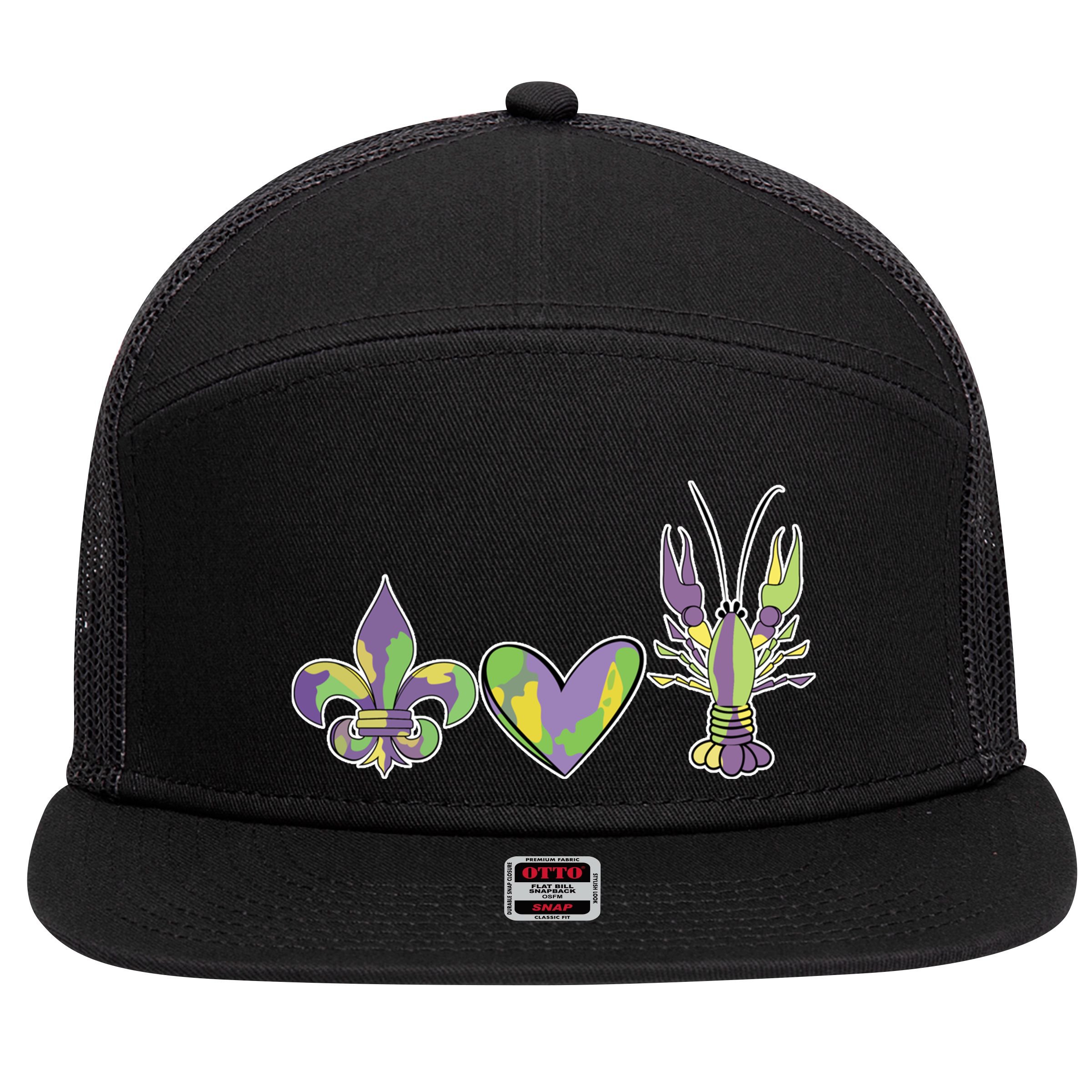 Mardi Gras Heart Crawfish Celebration 7 Panel Mesh Trucker Snapback Hat