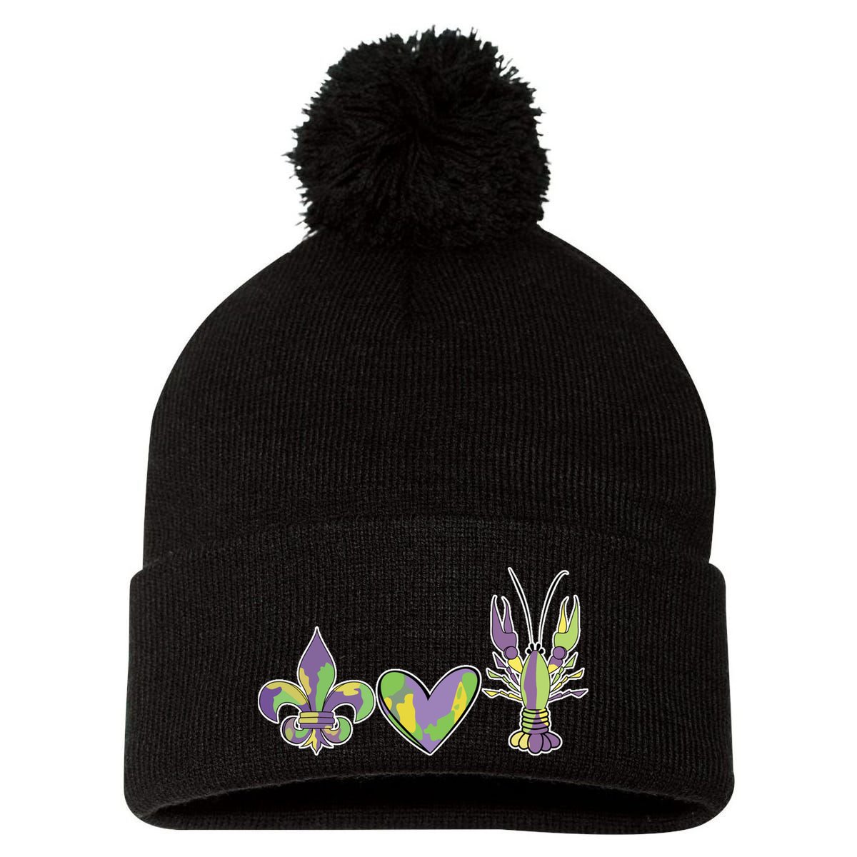 Mardi Gras Heart Crawfish Celebration Pom Pom 12in Knit Beanie