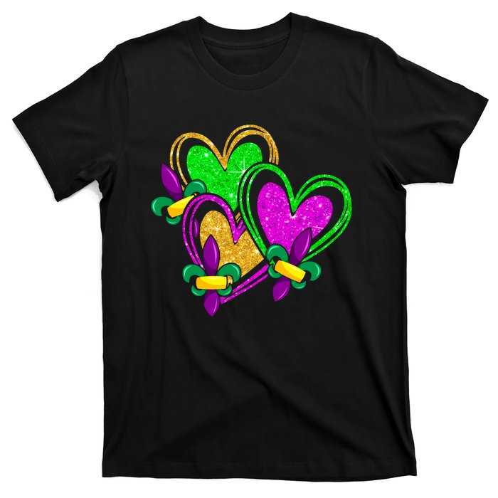 Mardi Gras Heart Glitter Print Fleurdelis Symbol Funny T-Shirt