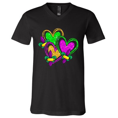 Mardi Gras Heart Glitter Print Fleurdelis Symbol Funny V-Neck T-Shirt