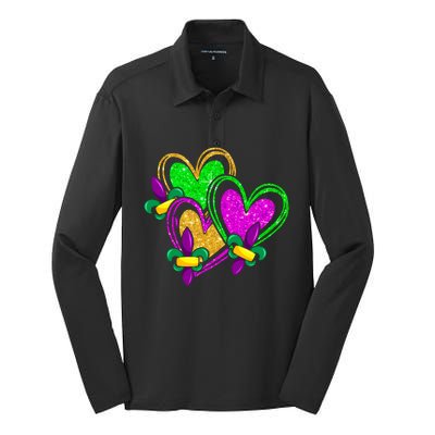 Mardi Gras Heart Glitter Print Fleurdelis Symbol Funny Silk Touch Performance Long Sleeve Polo