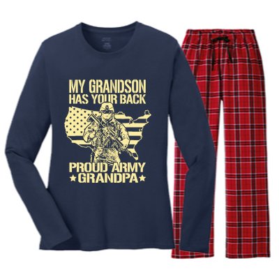 My Grandson Has Your Back Proud Army Grandpa Gift Women's Long Sleeve Flannel Pajama Set 