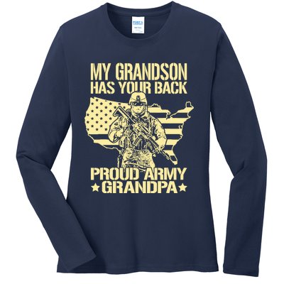 My Grandson Has Your Back Proud Army Grandpa Gift Ladies Long Sleeve Shirt