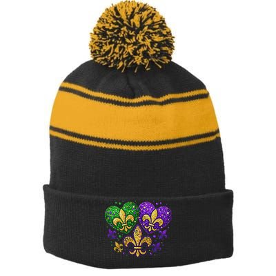 Mardi Gras Heart Fleur De Lis Symbol Carnival Women Stripe Pom Pom Beanie