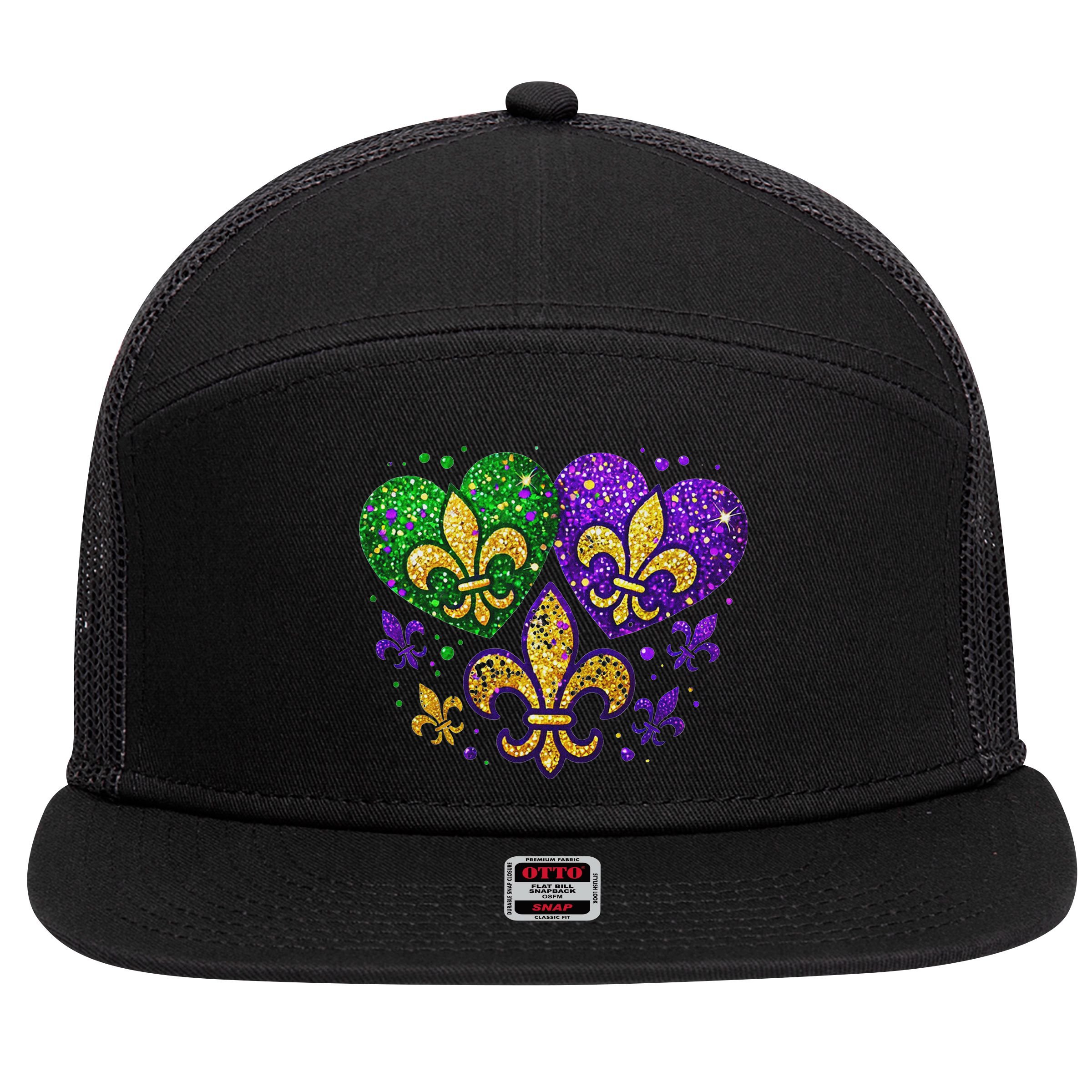 Mardi Gras Heart Fleur De Lis Symbol Carnival Women 7 Panel Mesh Trucker Snapback Hat