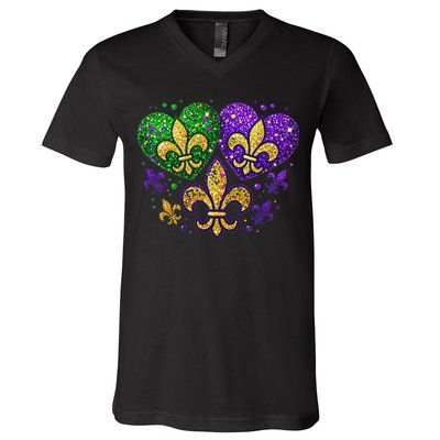 Mardi Gras Heart Fleur De Lis Symbol Carnival Women V-Neck T-Shirt