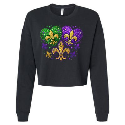 Mardi Gras Heart Fleur De Lis Symbol Carnival Women Cropped Pullover Crew