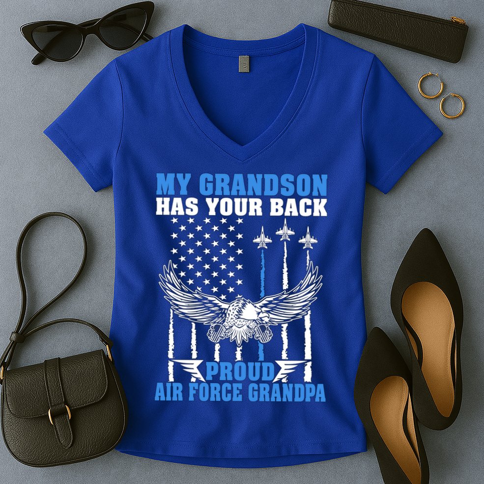 My Grandson Has Your Back Proud Air Force Grandpa Military Gift Women's V-Neck T-Shirt