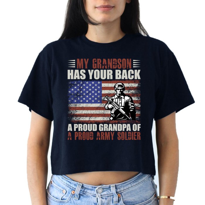 My Grandson Has Your Back, Proud Grandpa Of A Army Soldier Women's Crop Top Tee