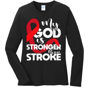 My God Is Stronger Than Stroke Red Ribbon Brain Attack Ladies Long Sleeve Shirt