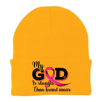 My God Is Stronger Than Funny Ribbon Pink Breast Cancer Knit Cap Winter Beanie