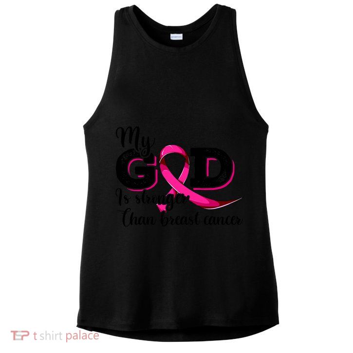 My God Is Stronger Than Funny Ribbon Pink Breast Cancer Ladies PosiCharge Tri-Blend Wicking Tank