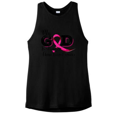 My God Is Stronger Than Funny Ribbon Pink Breast Cancer Ladies PosiCharge Tri-Blend Wicking Tank