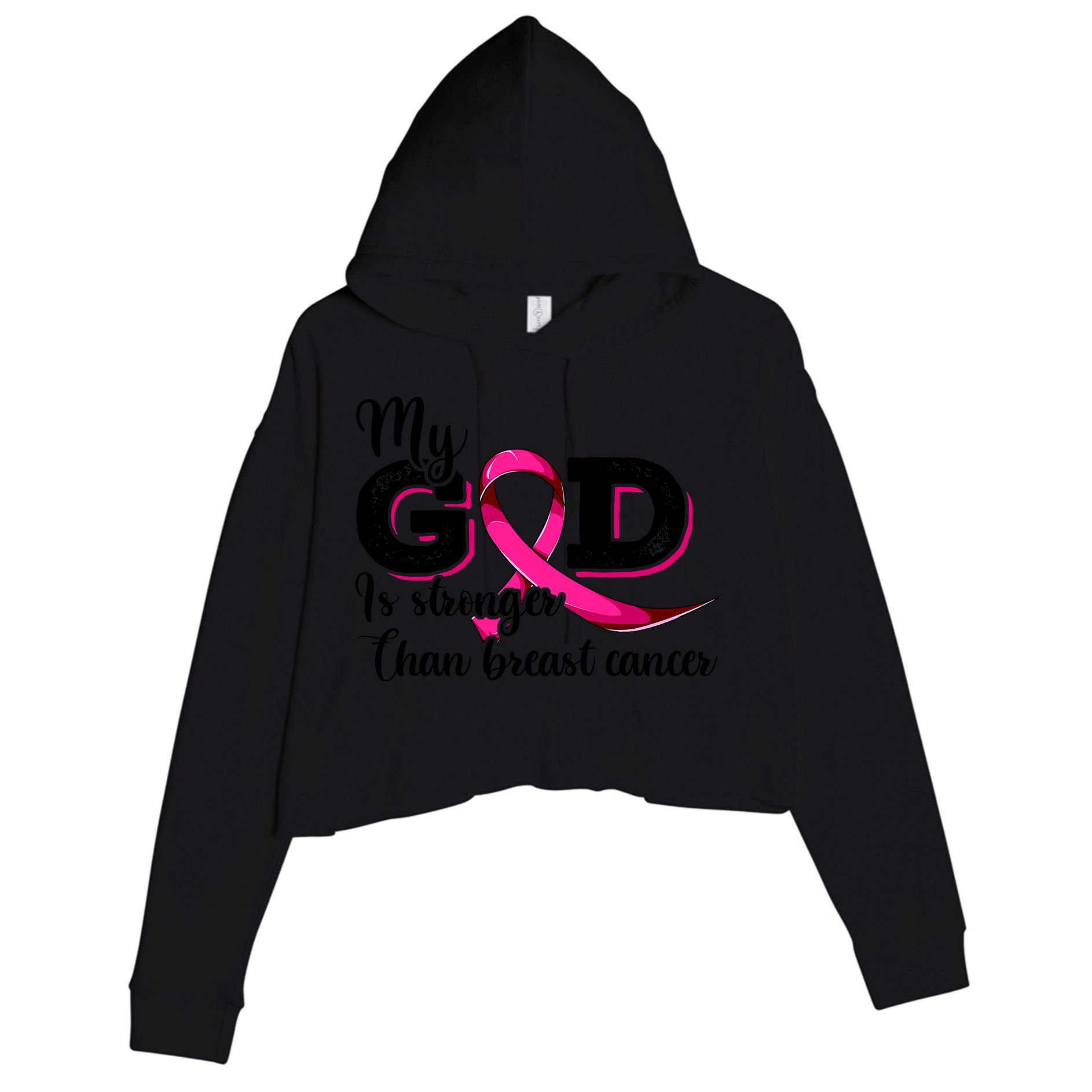 My God Is Stronger Than Funny Ribbon Pink Breast Cancer Crop Fleece Hoodie