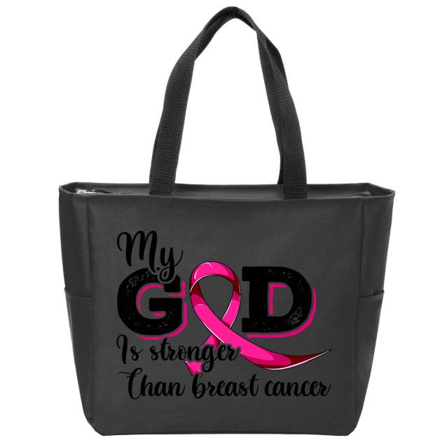 My God Is Stronger Than Funny Ribbon Pink Breast Cancer Zip Tote Bag