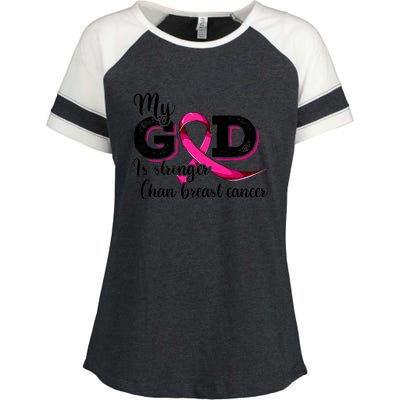 My God Is Stronger Than Funny Ribbon Pink Breast Cancer Enza Ladies Jersey Colorblock Tee