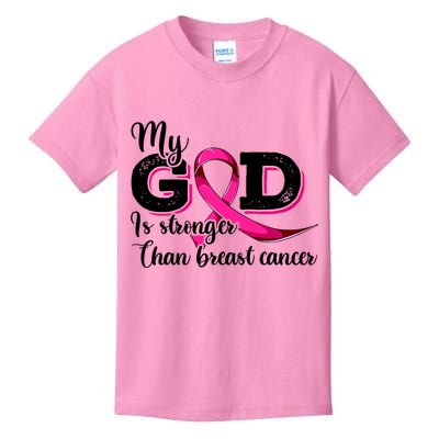 My God Is Stronger Than Funny Ribbon Pink Breast Cancer Kids T-Shirt