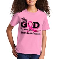 My God Is Stronger Than Funny Ribbon Pink Breast Cancer Kids T-Shirt