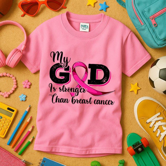 My God Is Stronger Than Funny Ribbon Pink Breast Cancer Kids T-Shirt
