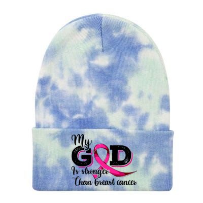 My God Is Stronger Than Funny Ribbon Pink Breast Cancer Tie Dye 12in Knit Beanie