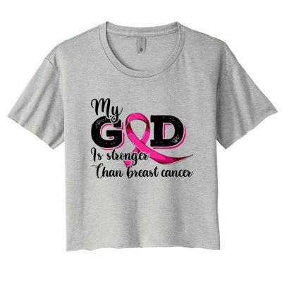 My God Is Stronger Than Funny Ribbon Pink Breast Cancer Women's Crop Top Tee