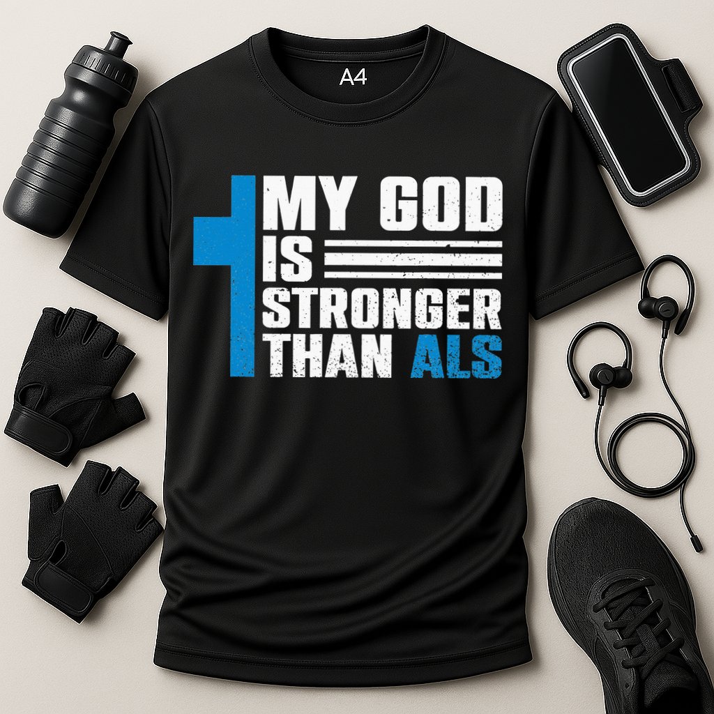 My God Is Stronger Than ALS - ALS Awareness Month Ribbon Cooling Performance Crew T-Shirt