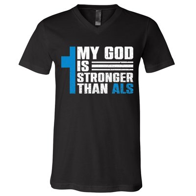 My God Is Stronger Than ALS - ALS Awareness Month Ribbon V-Neck T-Shirt