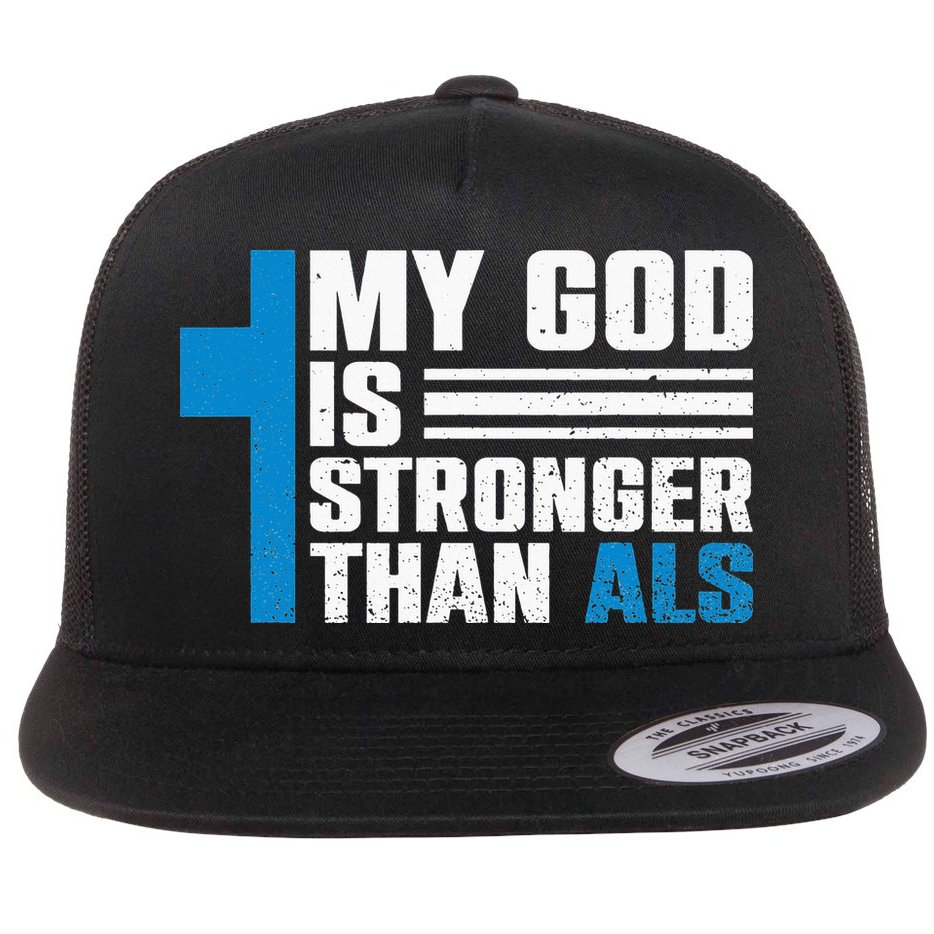 My God Is Stronger Than ALS - ALS Awareness Month Ribbon Flat Bill Trucker Hat