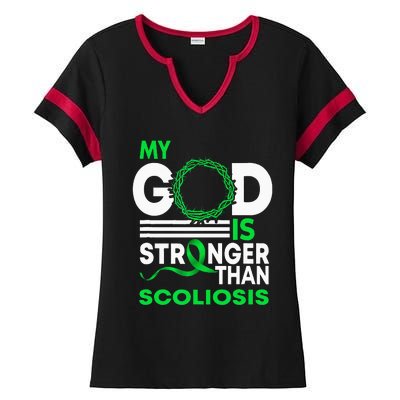 My God Is Stronger Than Scoliosis Awareness Ribbon Ladies Halftime Notch Neck Tee