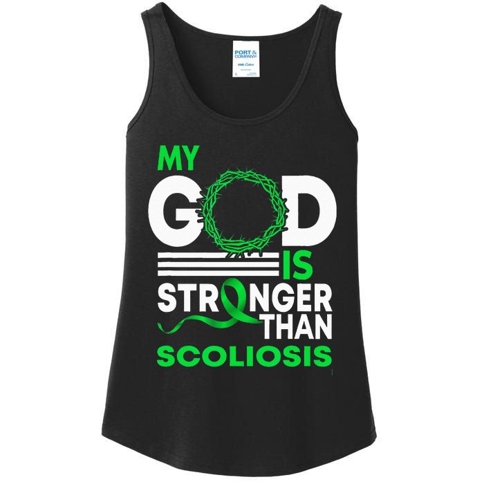 My God Is Stronger Than Scoliosis Awareness Ribbon Ladies Essential Tank