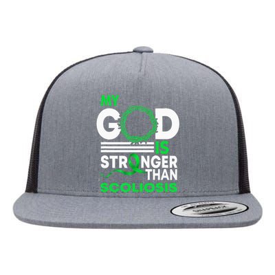 My God Is Stronger Than Scoliosis Awareness Ribbon Flat Bill Trucker Hat