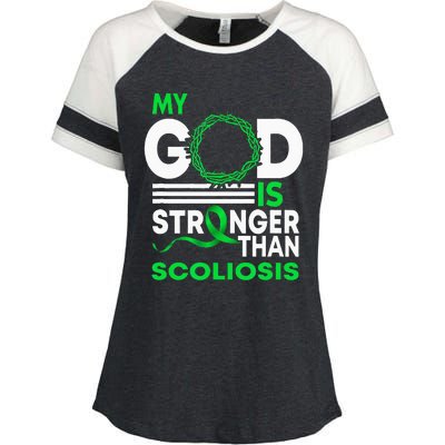 My God Is Stronger Than Scoliosis Awareness Ribbon Enza Ladies Jersey Colorblock Tee