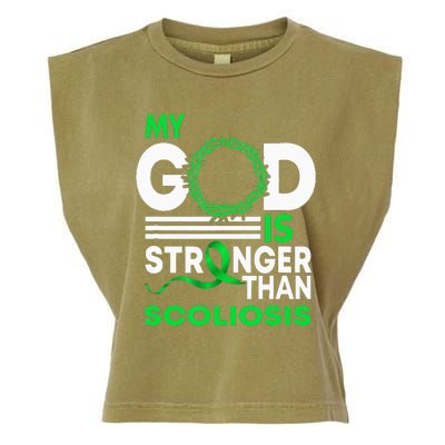 My God Is Stronger Than Scoliosis Awareness Ribbon Garment-Dyed Women's Muscle Tee