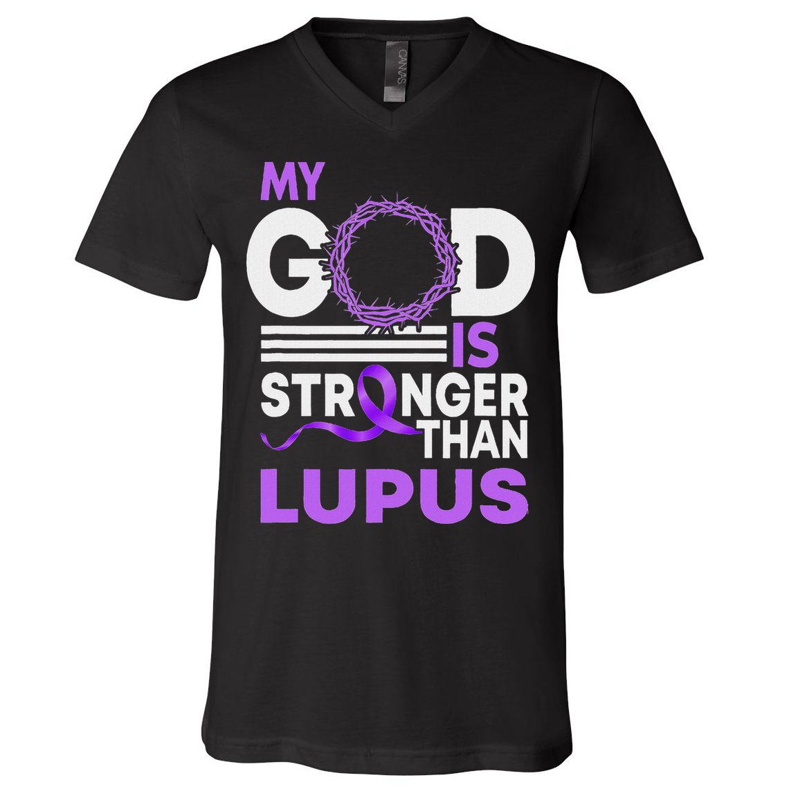 My God Is Stronger Than Lupus Awareness Ribbon V-Neck T-Shirt