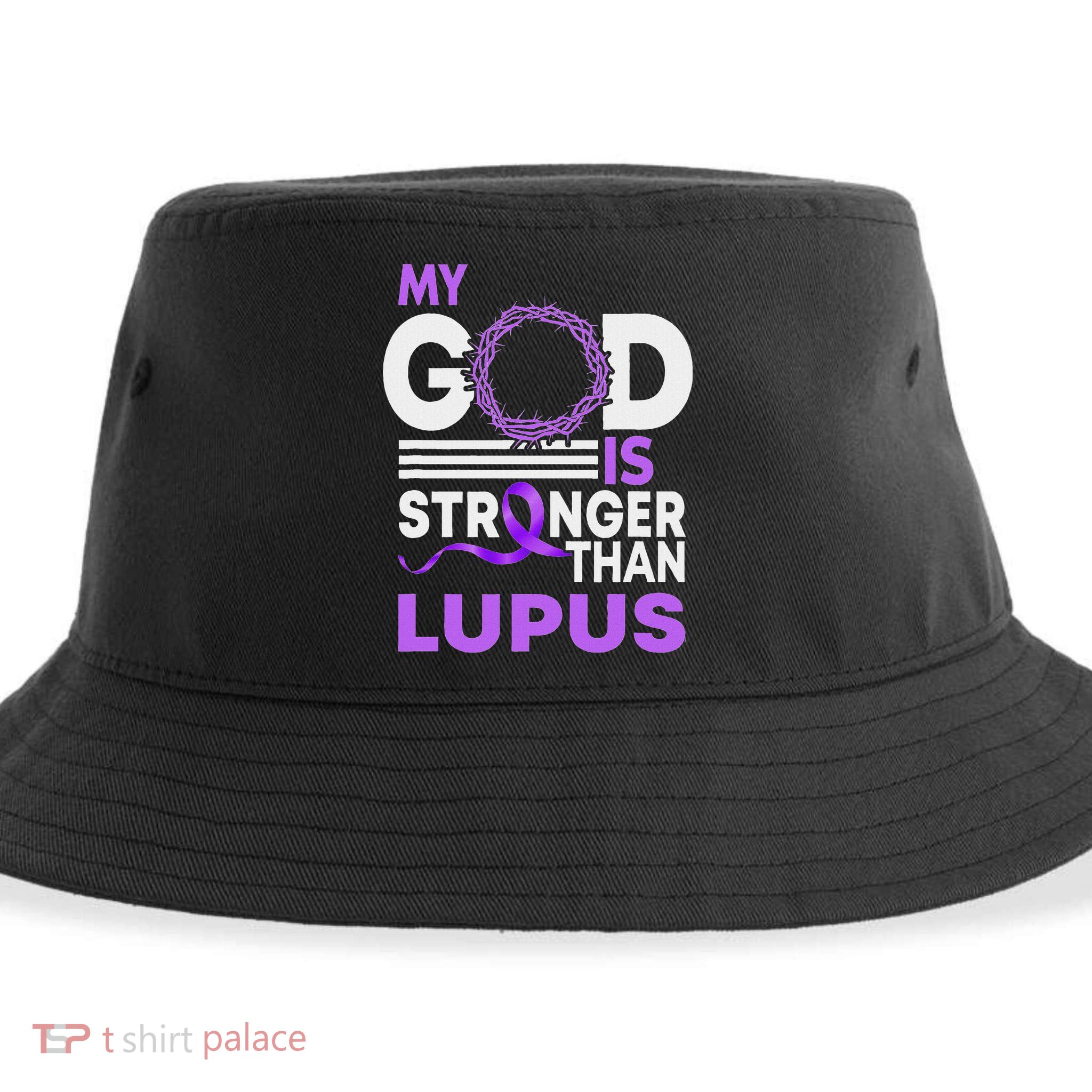 My God Is Stronger Than Lupus Awareness Ribbon Sustainable Bucket Hat