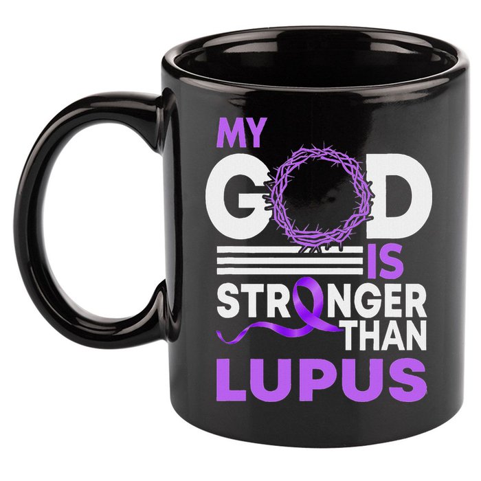 My God Is Stronger Than Lupus Awareness Ribbon 11oz C Handle Ceramic Mug