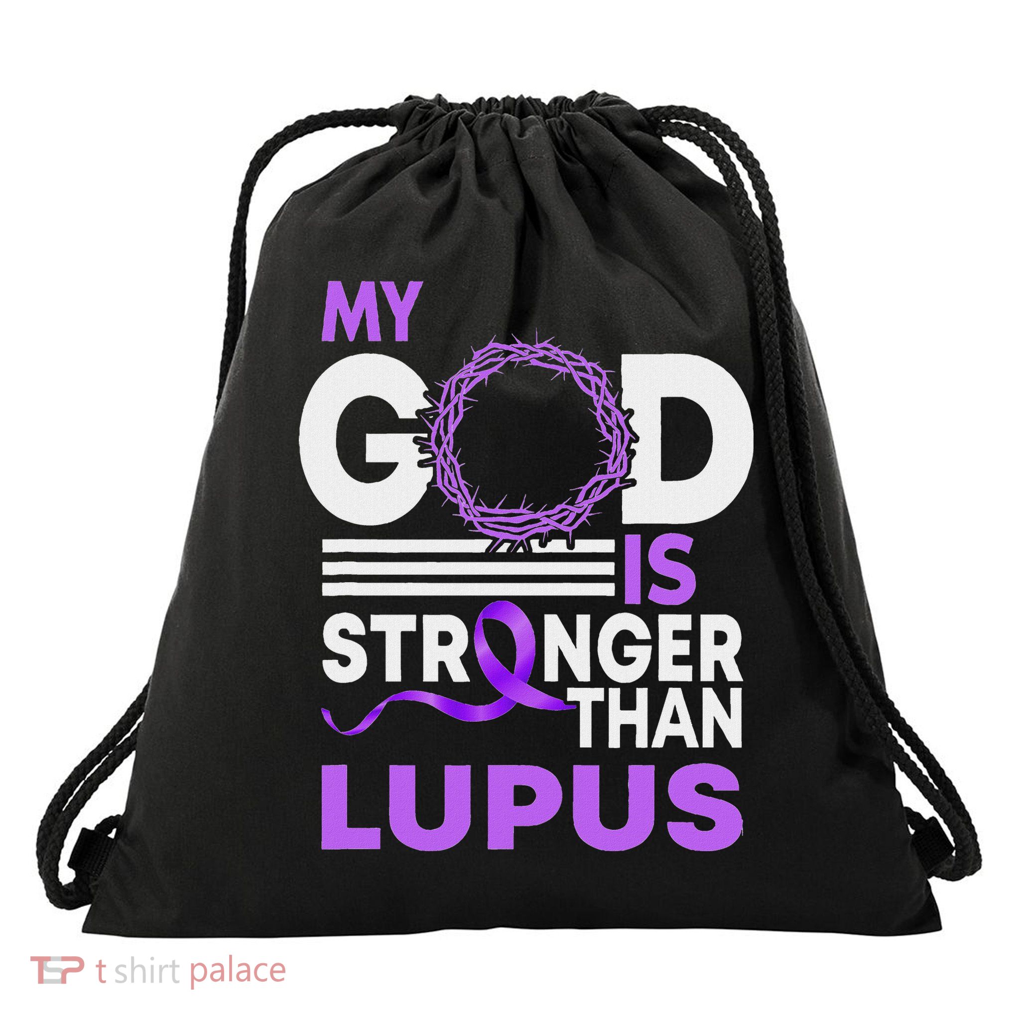 My God Is Stronger Than Lupus Awareness Ribbon Drawstring Bag