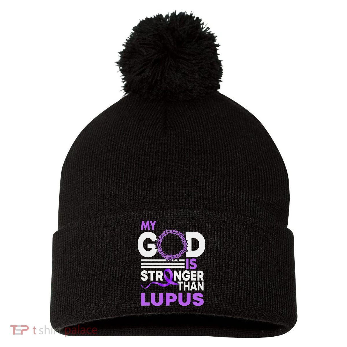 My God Is Stronger Than Lupus Awareness Ribbon Pom Pom 12in Knit Beanie