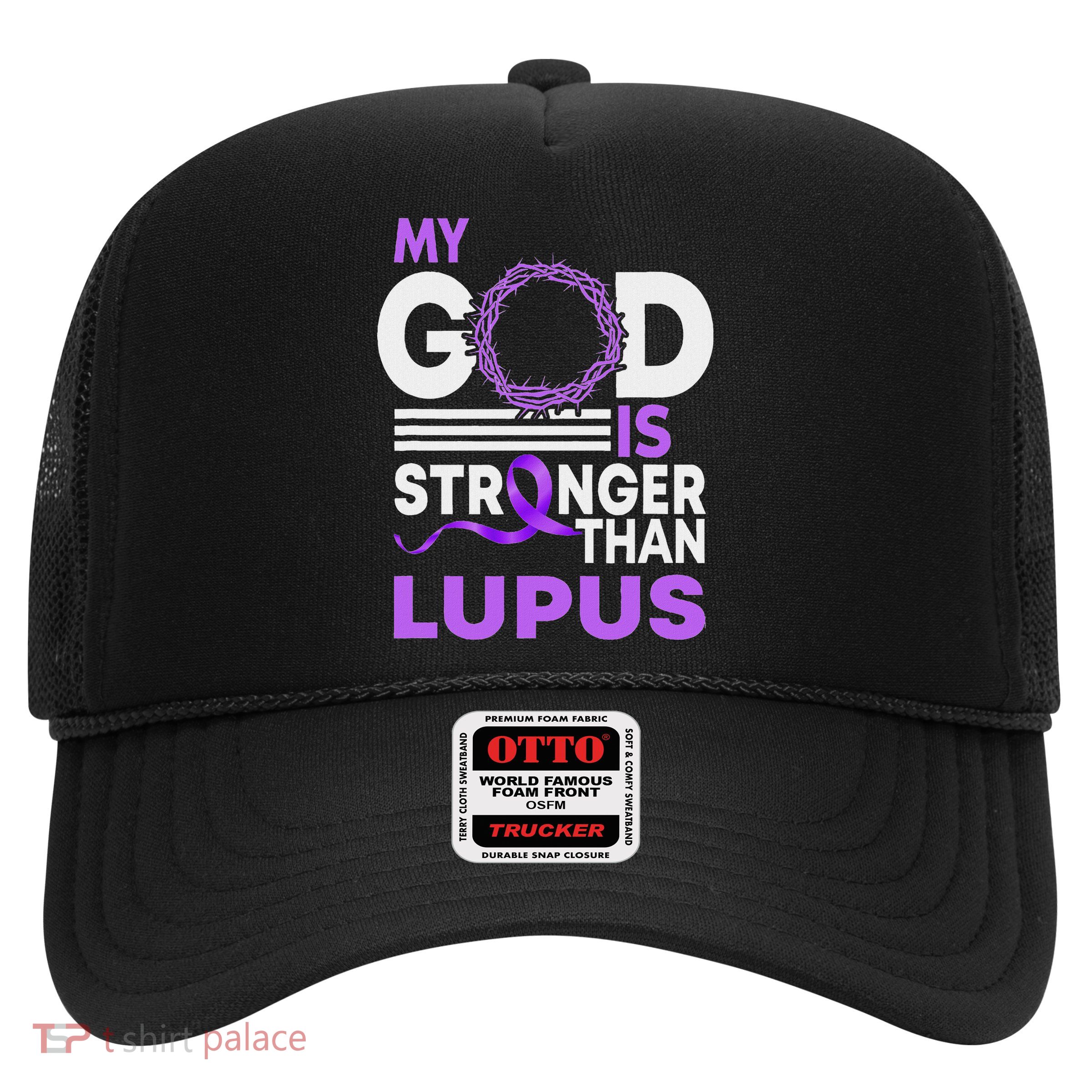 My God Is Stronger Than Lupus Awareness Ribbon Trucker Hat
