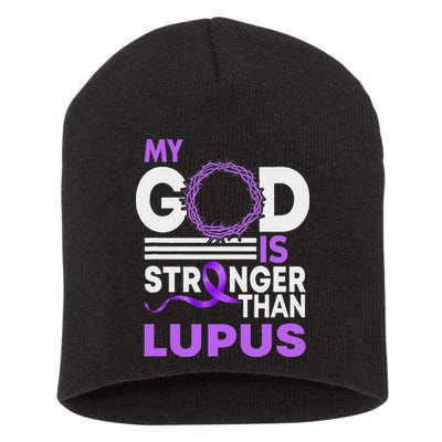 My God Is Stronger Than Lupus Awareness Ribbon Short Acrylic Beanie