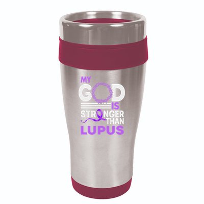 My God Is Stronger Than Lupus Awareness Ribbon 16oz Travel Tumbler