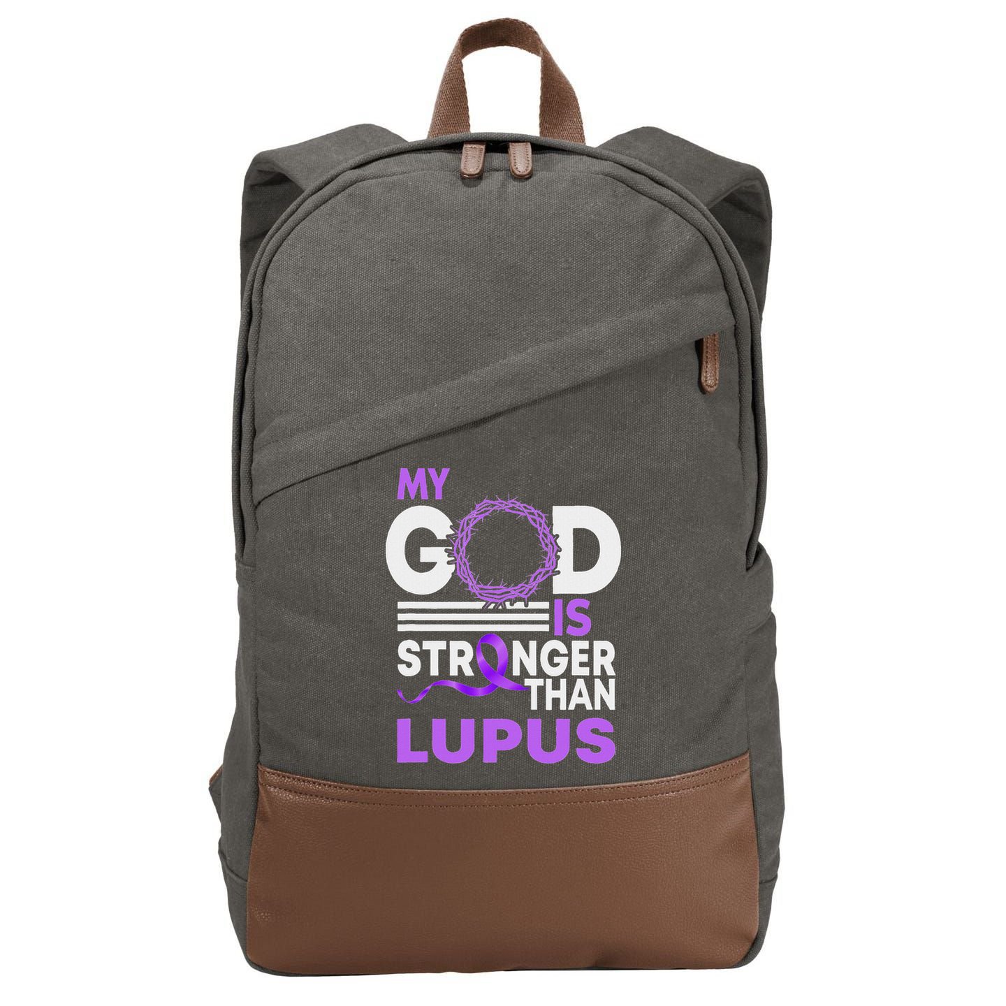 My God Is Stronger Than Lupus Awareness Ribbon Cotton Canvas Backpack