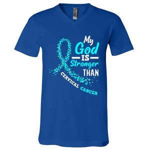 My God Is Stronger Than Cervical Cancer Warrior Great Gift V-Neck T-Shirt