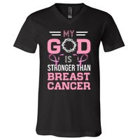 My God Is Stronger Than Breast Cancer Awareness Christian V-Neck T-Shirt