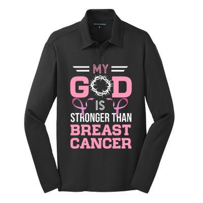 My God Is Stronger Than Breast Cancer Awareness Christian Silk Touch Performance Long Sleeve Polo