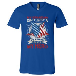 My Grandma Is My Hero Usa Flag Proud American Veteran Mom Great Gift V-Neck T-Shirt