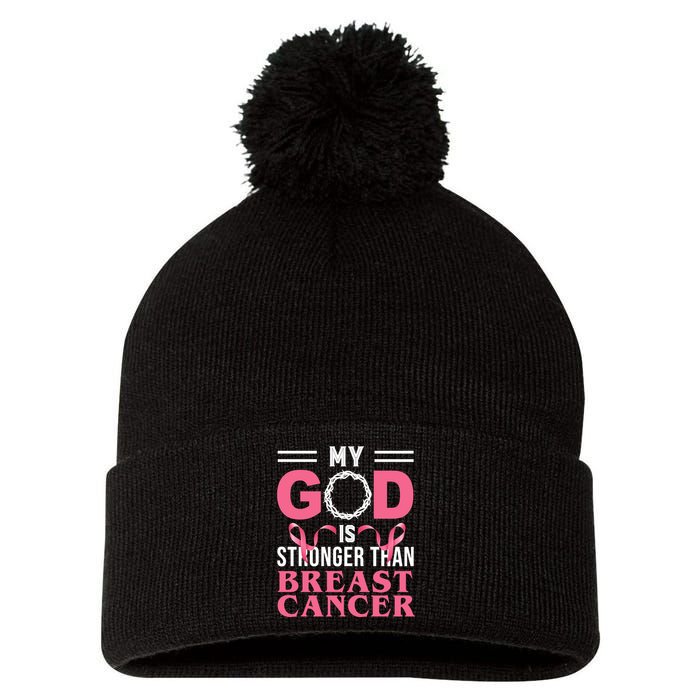 My God Is Stronger Than Breast Cancer Pom Pom 12in Knit Beanie