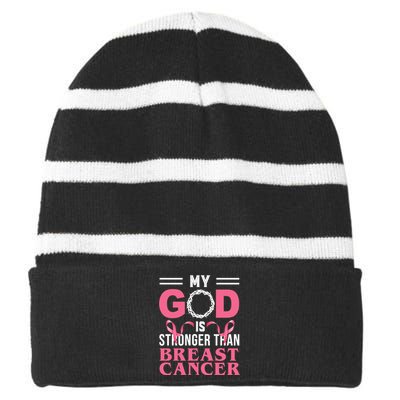 My God Is Stronger Than Breast Cancer Striped Beanie with Solid Band